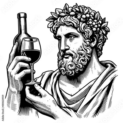 greek god holding wine glass, black and white clip art preview