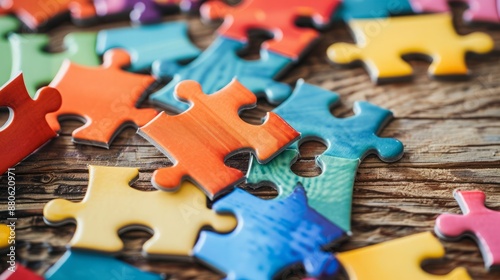 Close-up of colorful puzzle pieces scattered on a wooden table, with one piece being placed in its spot, representing problem-solving and completion.