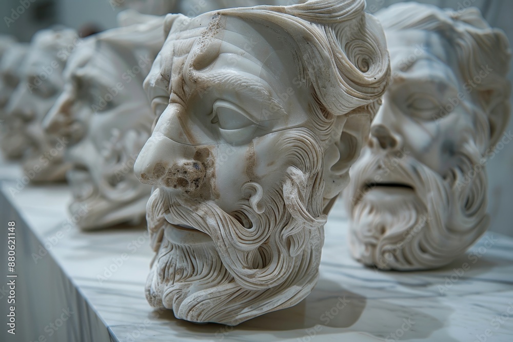 Ancient Greek Theater Masks in Classical Sculpture Style. Ancient Greek Theater Masks in Classical Sculpture Style.