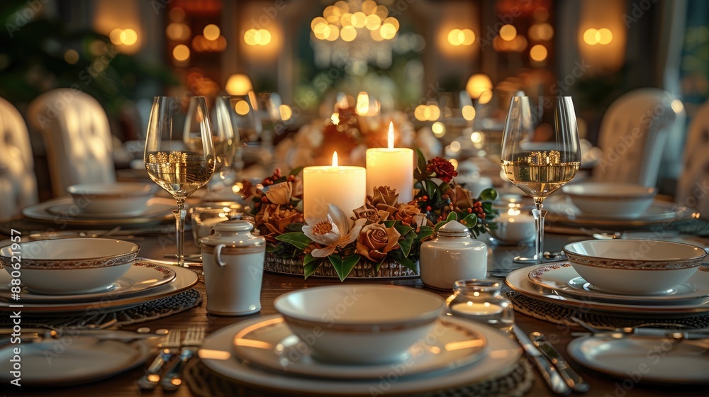 Elegant dining table set for a formal dinner, with candles and fine china, ideal for hospitality themes Elegant dining table set for a formal dinner, with candles and fine china, ideal for hospitality themes