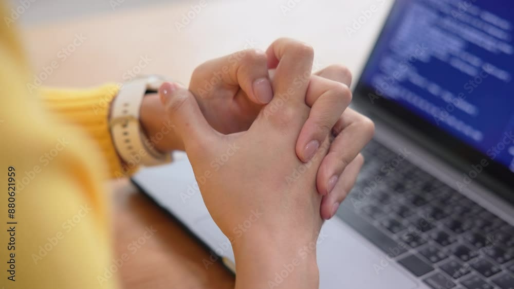 Asia people young woman study hard brownout bored remote work fix coding bug online read data tired sitting at home desk think worry in career job tough stress workforce mental health issue illness.