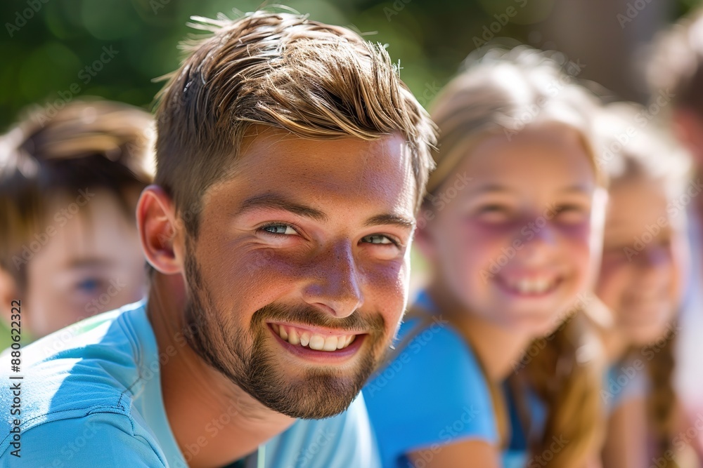 Smiling young man with children outdoors Smiling young man with children outdoors