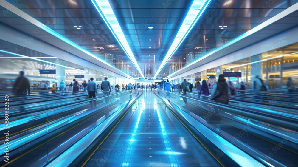 Modern Airport Terminal with Passengers Walking on a Conveyor Belt Modern Airport Terminal with Passengers Walking on a Conveyor Belt