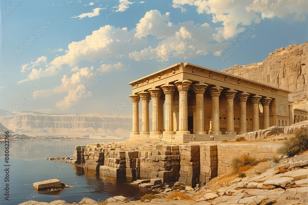 Obraz premium Ancient Temples and Monuments of Luxor Along the Nile, Majestic Archaeological Illustration.