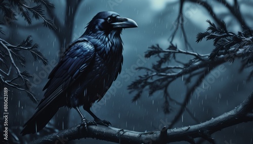 gloomy raven sitting on a branch in the dark