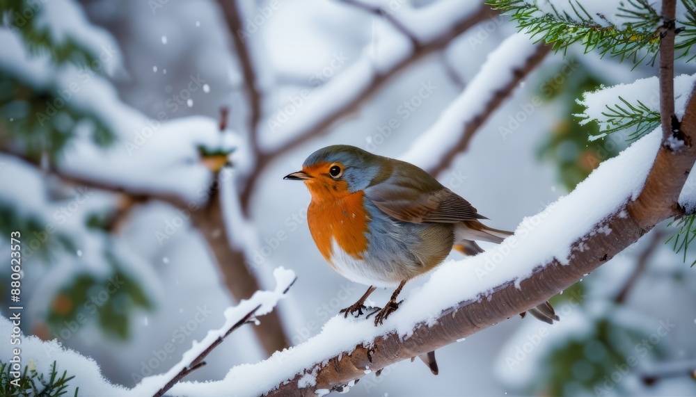 robin sitting on a branch in the winter forest robin sitting on a branch in the winter forest