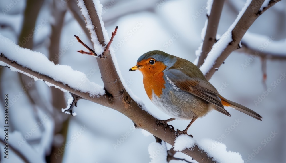Fototapeta premium robin sitting on a branch in the winter forest