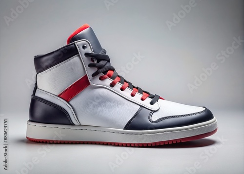 Stunning high-top sneaker with bold black and red accents on a pristine white leather upper, isolated against a sleek grey background in crisp detail.