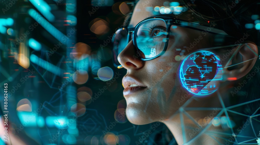 Business professional analyzing data analytics on tablet with hologram software coding overlay, featuring a programmer in glasses using 3d screen for cybersecurity and digital technology at night Business professional analyzing data analytics on tablet with hologram software coding overlay, featuring a programmer in glasses using 3d screen for cybersecurity and digital technology at night