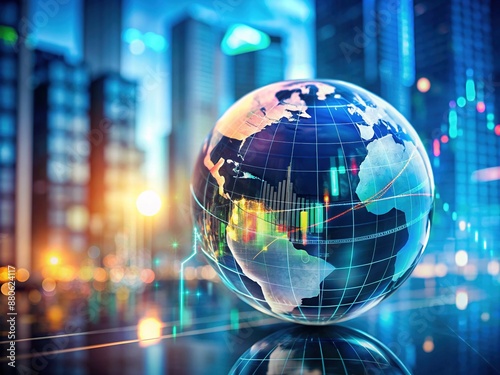  Globe symbolizes international business and communication on Earth, Blurred background highlights a double exposure of financial market and investment graph Vertical Mobile Wallpaper © Adisorn