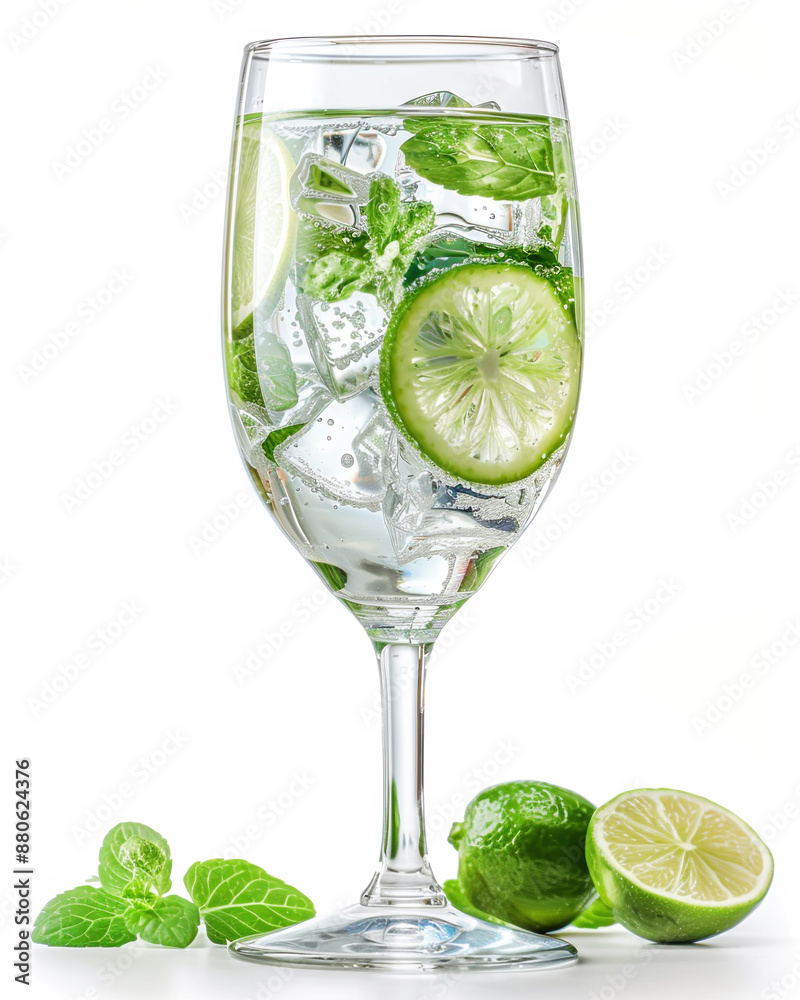 Drinking water is poured into a glass with splashes and bubbles, isolated on a white background Drinking water is poured into a glass with splashes and bubbles, isolated on a white background