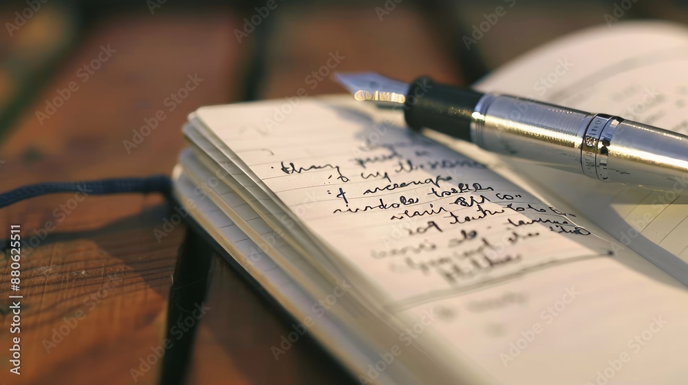 Foto de Elegant fountain pen lying next to an open notebook with ...