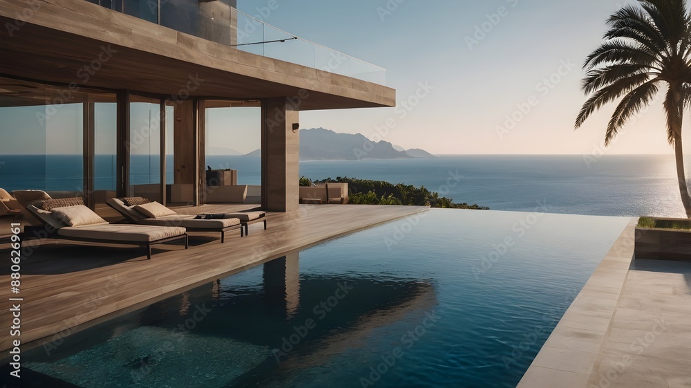Fototapeta premium The luxurious beachfront house features a private rooftop pool with panoramic views of the Ocean