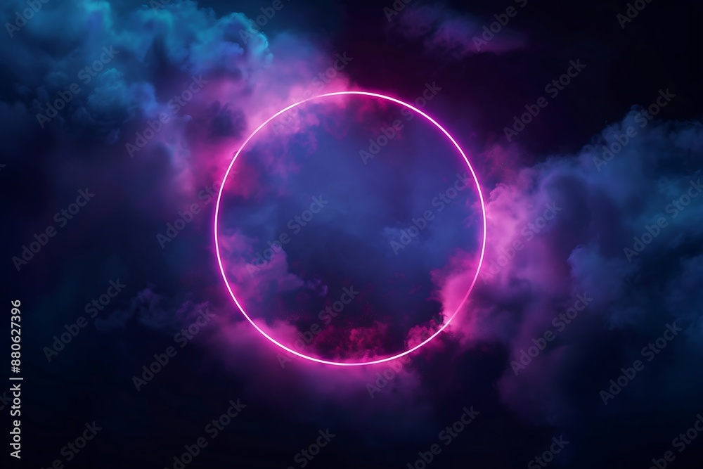 Neon circle on the background of the night sky with clouds. Neon circle on the background of the night sky with clouds.