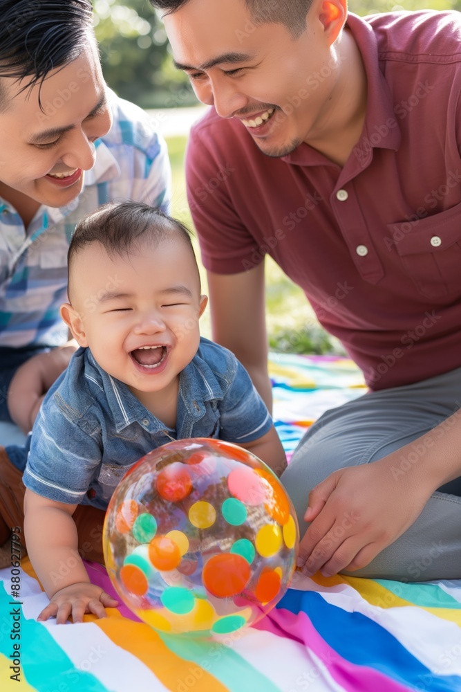 Happy Asian homoparental Family with Baby Playing Outdoors. Concept gay parents Happy Asian homoparental Family with Baby Playing Outdoors. Concept gay parents