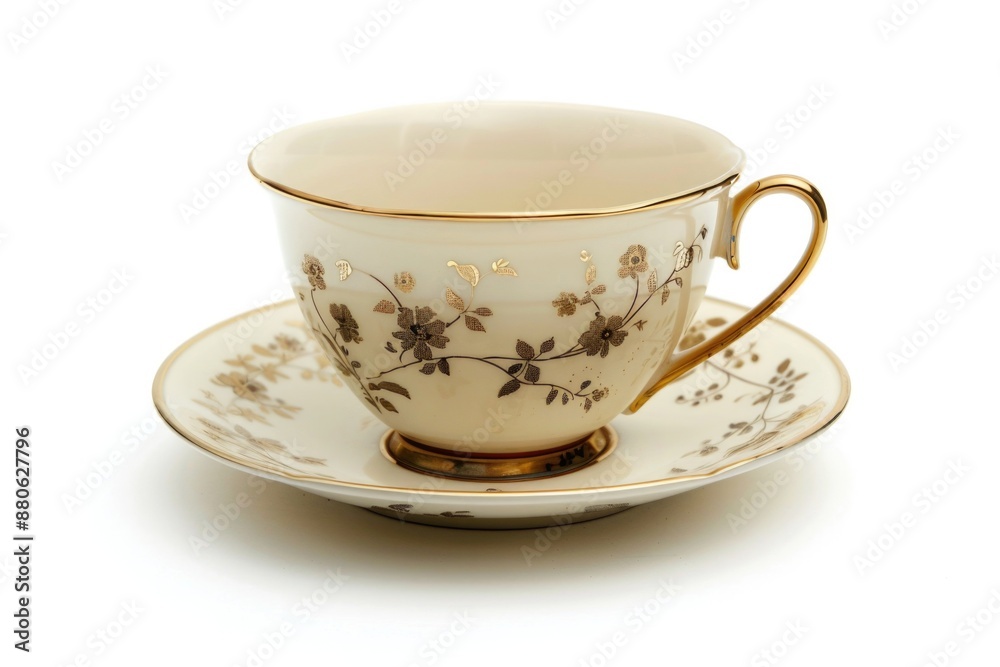 Tea Cup. Porcelain Cup and Plate Set with Gold Trim on White Background Tea Cup. Porcelain Cup and Plate Set with Gold Trim on White Background