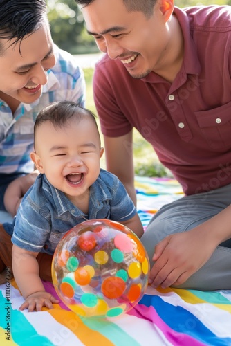Happy Asian homoparental Family with Baby Playing Outdoors. Concept gay parents