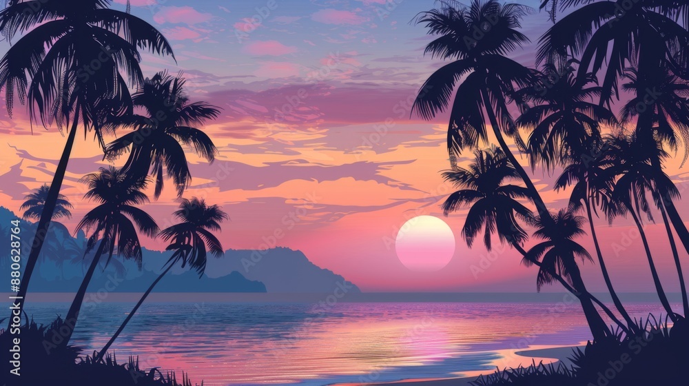 A serene beach scene with palm trees silhouetted against a pastel sunset sky. A serene beach scene with palm trees silhouetted against a pastel sunset sky.
