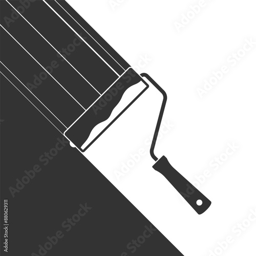 Paint roller paints the surface with paint. Graphic poster with painting paint of surface. Symbol of repair. Vector illustration