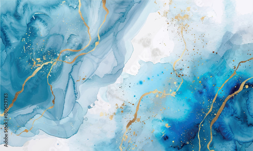 watercolor square rectangle background with brushstrokes and splashes, blue gold marble