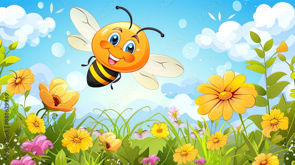 Cartoon illustration of a bee flying over a field of flowers. Cartoon illustration of a bee flying over a field of flowers.