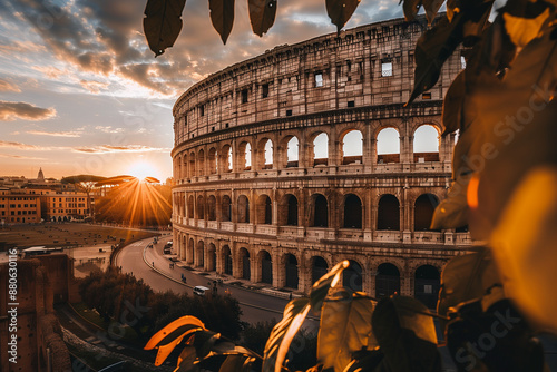 Colosseum, ancient Roman amphitheater, grand arches, weathered stone, iconic historical site, golden hour lighting, vibrant Roman cityscape
