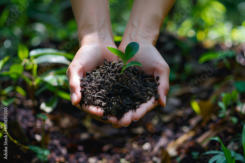 Close up hands holding soil peat moss photo