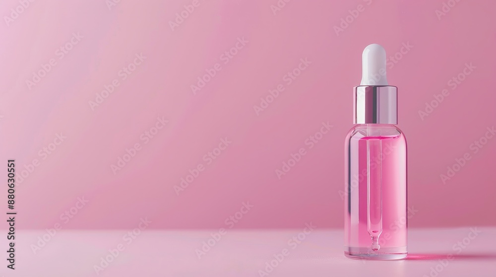 Glass bottle with serum and pipette on the pink background. The serum is anti-aging and moisturizing. It is used on the face and comes in a clean package. Glass bottle with serum and pipette on the pink background. The serum is anti-aging and moisturizing. It is used on the face and comes in a clean package.