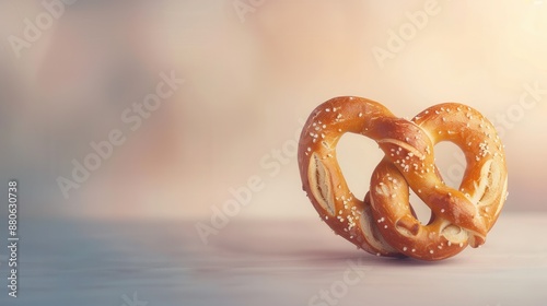 Closeup of freshly baked pretzel with sea salt toppings on soft background photo