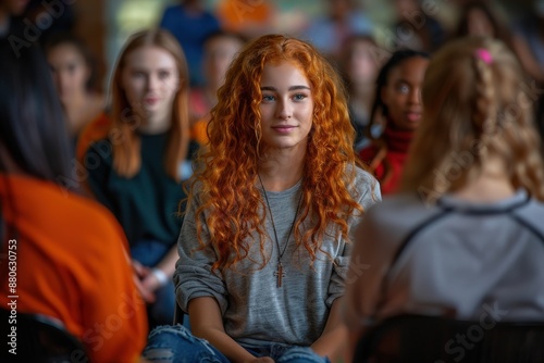 A red-haired girl with curly hair sits among classmates, exuding confidence and individuality in an educational setting, symbolizing uniqueness and youth identity.