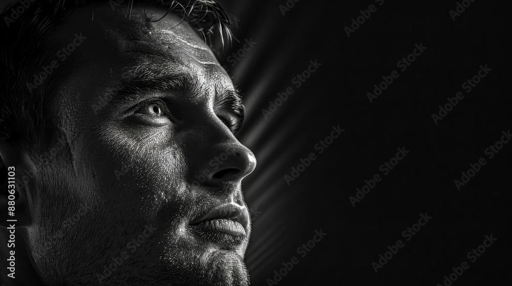 Young man with hopeful expression looking up in black and white Young man with hopeful expression looking up in black and white