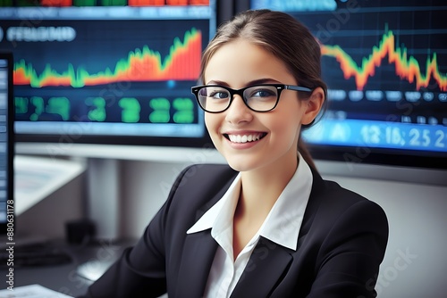 A cheerful businesswoman checks stock market prices on a monitor featuring widgets for weather, news, and her daily agenda.