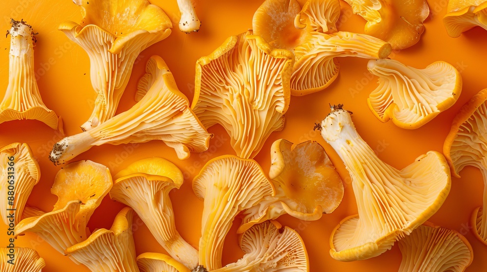 Golden-orange chanterelle mushrooms stand out against a vibrant orange backdrop. Golden-orange chanterelle mushrooms stand out against a vibrant orange backdrop.