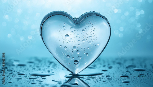 Heart made from transparent glass with water droplets, blue background. Love and romantic concept. photo