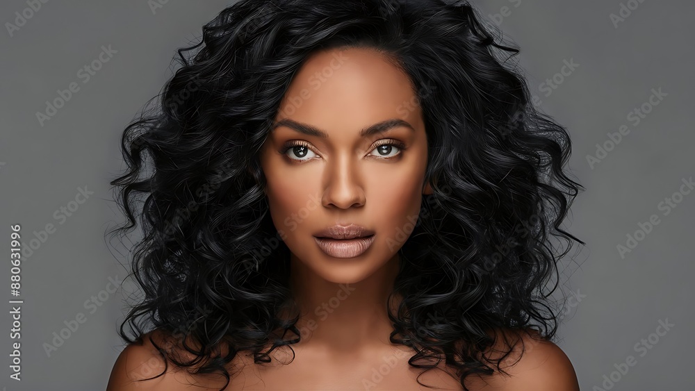 Close-up shot of a black woman with curly hair against gray neutral background with Close-up shot of a black woman with curly hair against gray neutral background with