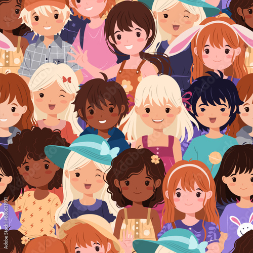 Seamless patterns with funny, smiling preschool boys and girls in a flat style. Children of various nationalities, with different hair, skin colors, and diverse outfits. Pattern of a crowd of kids.