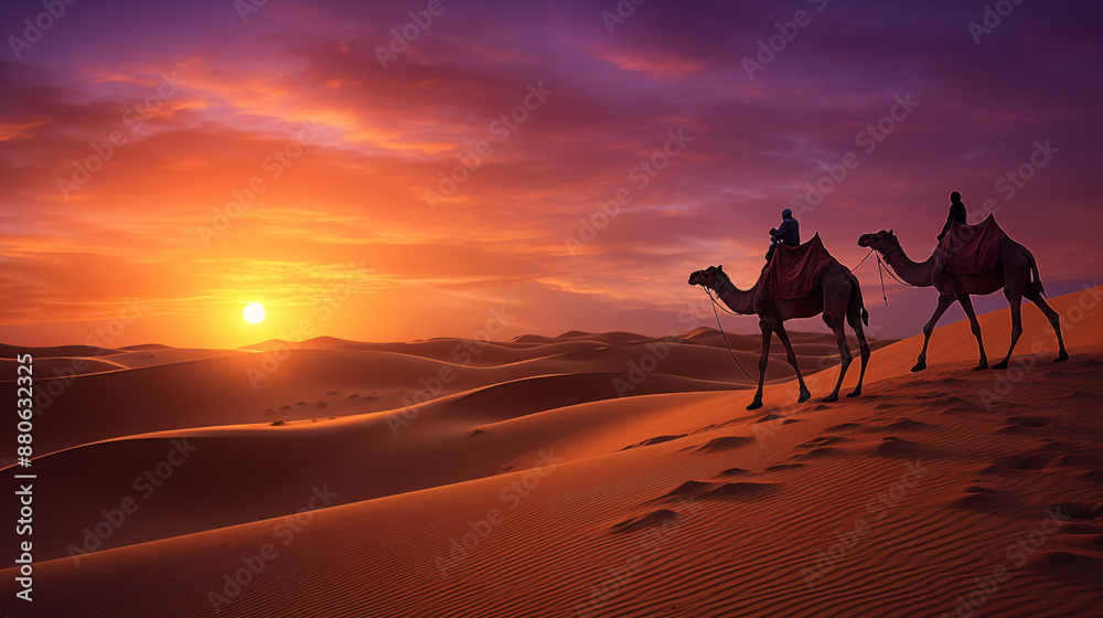 Camel Caravan at Sunset in Expansive Desert