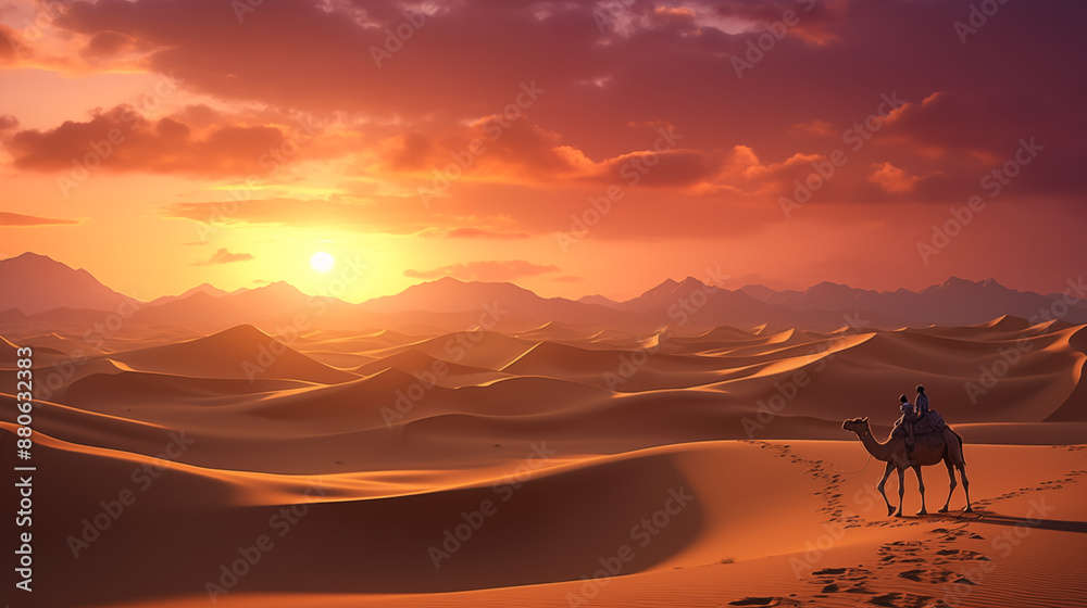 Camel Caravan Traversing Desert Dunes at Sunset Camel Caravan Traversing Desert Dunes at Sunset