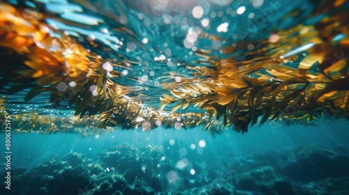 Underwater view of sunlit kelp forest in clear blue ocean with light effects photo