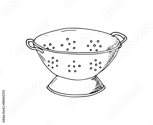 Colander hand-drawn. Kitchenware. Illustration isolated on white.