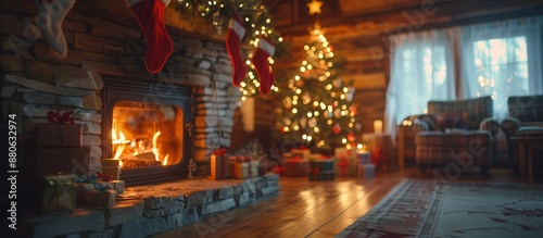 Cozy christmas cabin with fireplace, stockings, and decorated christmas tree