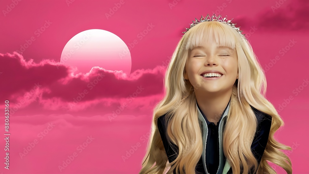 Cheerful pretty girl with closed eyes, long blonde hair, stylish accessories smiling and posing against background of pink sunset sky Cheerful pretty girl with closed eyes, long blonde hair, stylish accessories smiling and posing against background of pink sunset sky