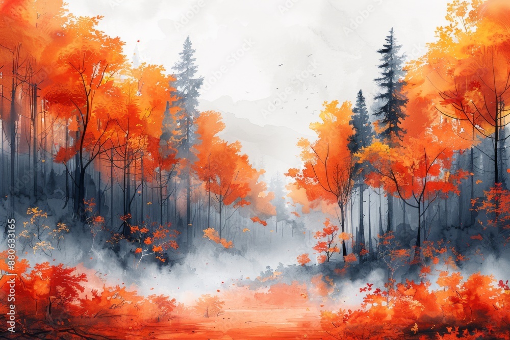 Beautiful fall landscape watercolor illustration, silhouette of autumn forest Beautiful fall landscape watercolor illustration, silhouette of autumn forest