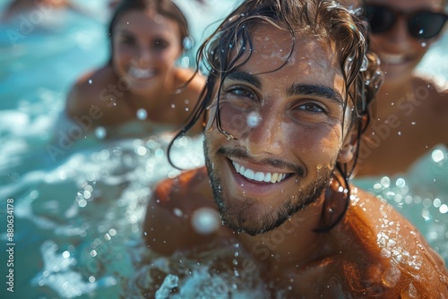 A joyous young man is captured in close-up, smiling widely while swimming in the ocean, with his friends having fun in the water nearby, under a clear sunny sky.
