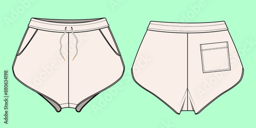 ladies nightwear terry fleece shorts for sleepwear fashion illustration flat sketch vector. 