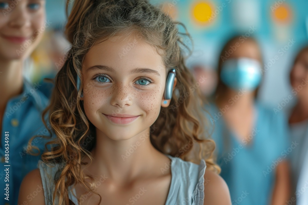 A young girl with charming features, slightly curly hair, and freckles smiles while wearing modern earphones, standing indoors by supportive adults showing encouragement.