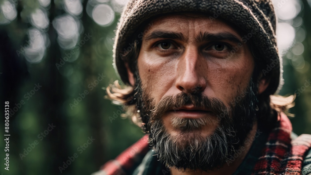 Portrait of a pensive bearded man in nature in the woods Portrait of a pensive bearded man in nature in the woods