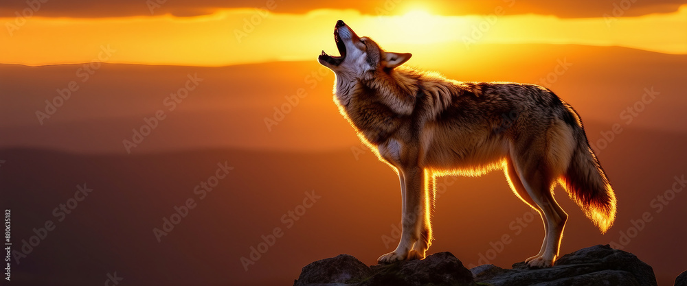 Howling alpha male wild wolf on a pointed rock, sunset view, high detail Howling alpha male wild wolf on a pointed rock, sunset view, high detail