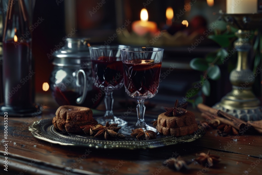 Festive Hot Mulled Wine with Spices and Citrus in Glasses for Holiday Celebration