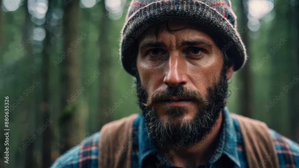 Portrait of a pensive bearded man in nature in the woods Portrait of a pensive bearded man in nature in the woods
